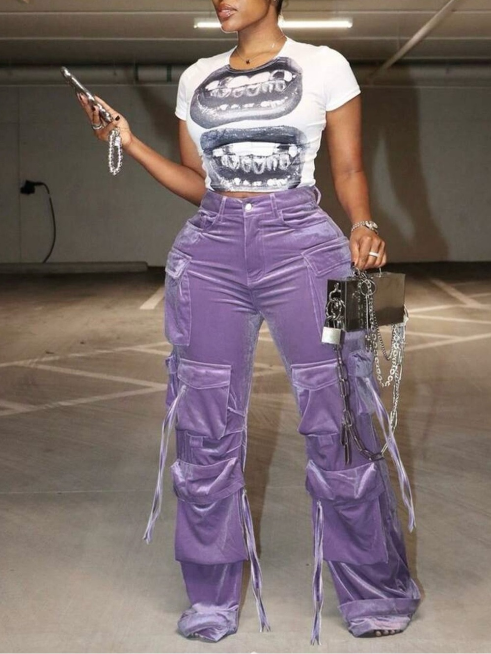 Lavender Wide-Leg velour Cargo Pants